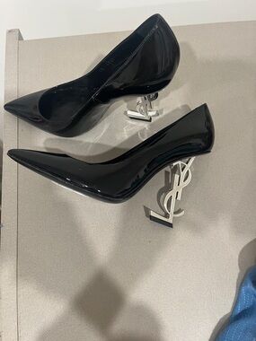 Yves Saint Laurent Black Patent Opyum Stiletto Pumps with Silver Logo Heels